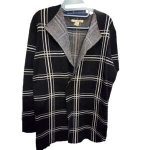Ava Paige Womens XL Black White Windowpane Plaid Open Front Cardigan Sweater New